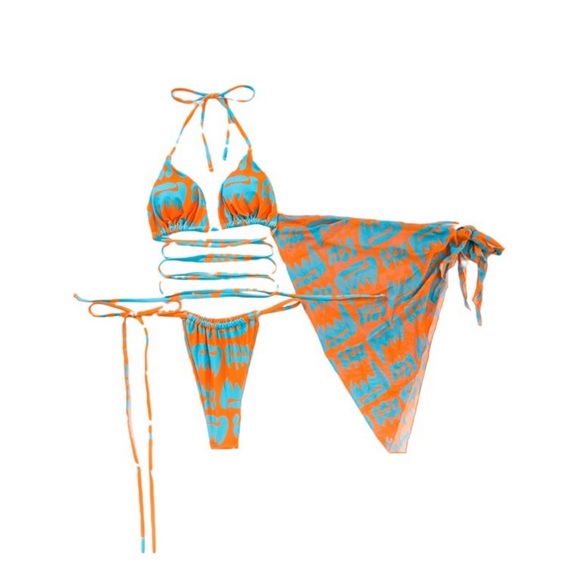 Women's Bikini Bathing Suits with Mesh Beach Skirt 3 Piece Swimsuits - Picture 3 of 3